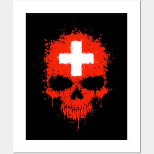 Chaotic Swiss Flag Splatter Skull Posters and Art